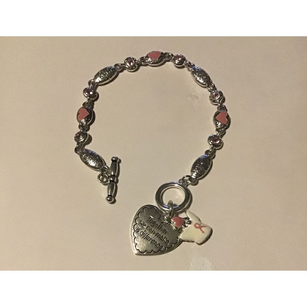 NEW~Inspirational Silver Pink Ribbon~Angel~Hearts Charm Toggle Bracelet